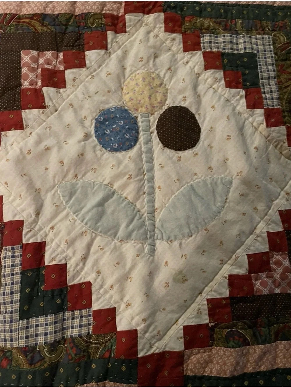 Source Unknown Floral Patchwork Quilt - Red, Green, Cream, Brown, Blue